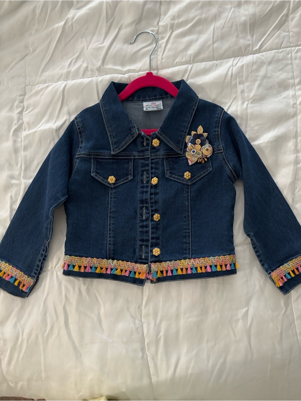 Girls' Navy Denim Jacket with Colorful Tassel Trim